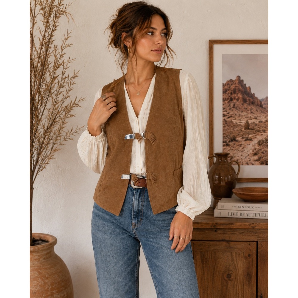 Vintage 70s suede western folk vest boho‎ fringe camel leather wool XL
